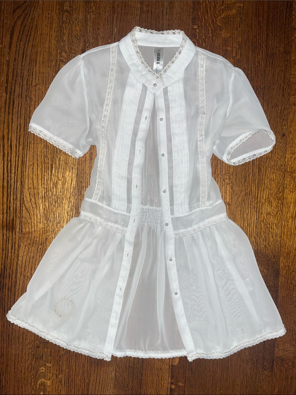Club X | 100% Silk Sheer White Lace-Trim Button Front Dress